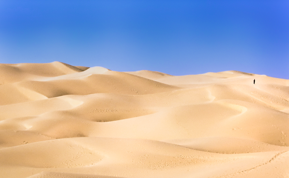 Color image: A human figure appears in the distance in vastness of the snd dunes of the Gobi desert, with large blue sky and whitish tan sand.